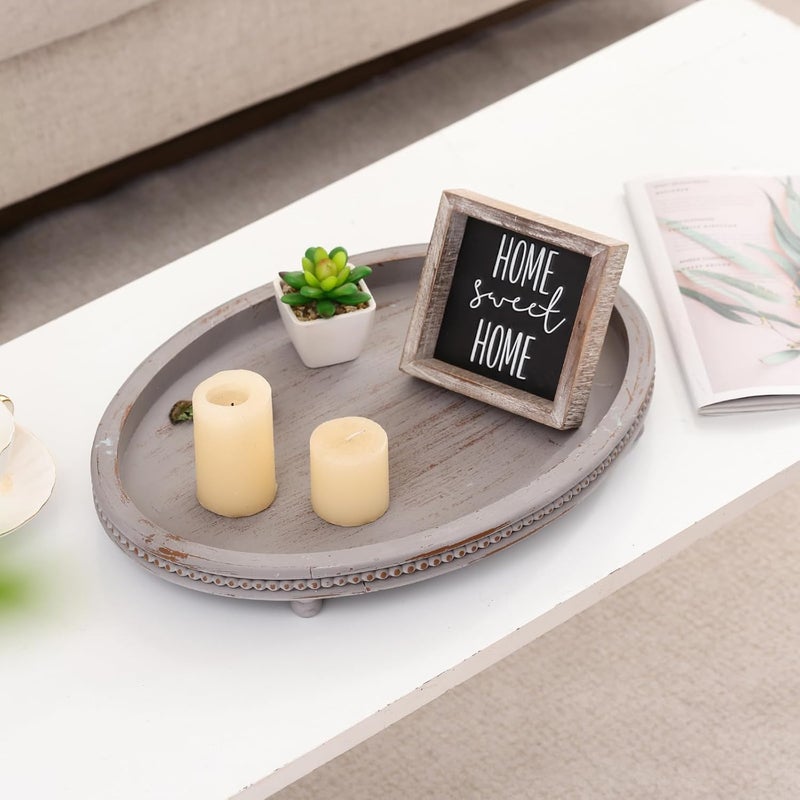 FESTWIND Oval Wooden Tray, Decorative Trays for Home Decor Coffee Table Kitchen Dinning Table, Small Wood Beaded Tray for Decor Grey - Image 3